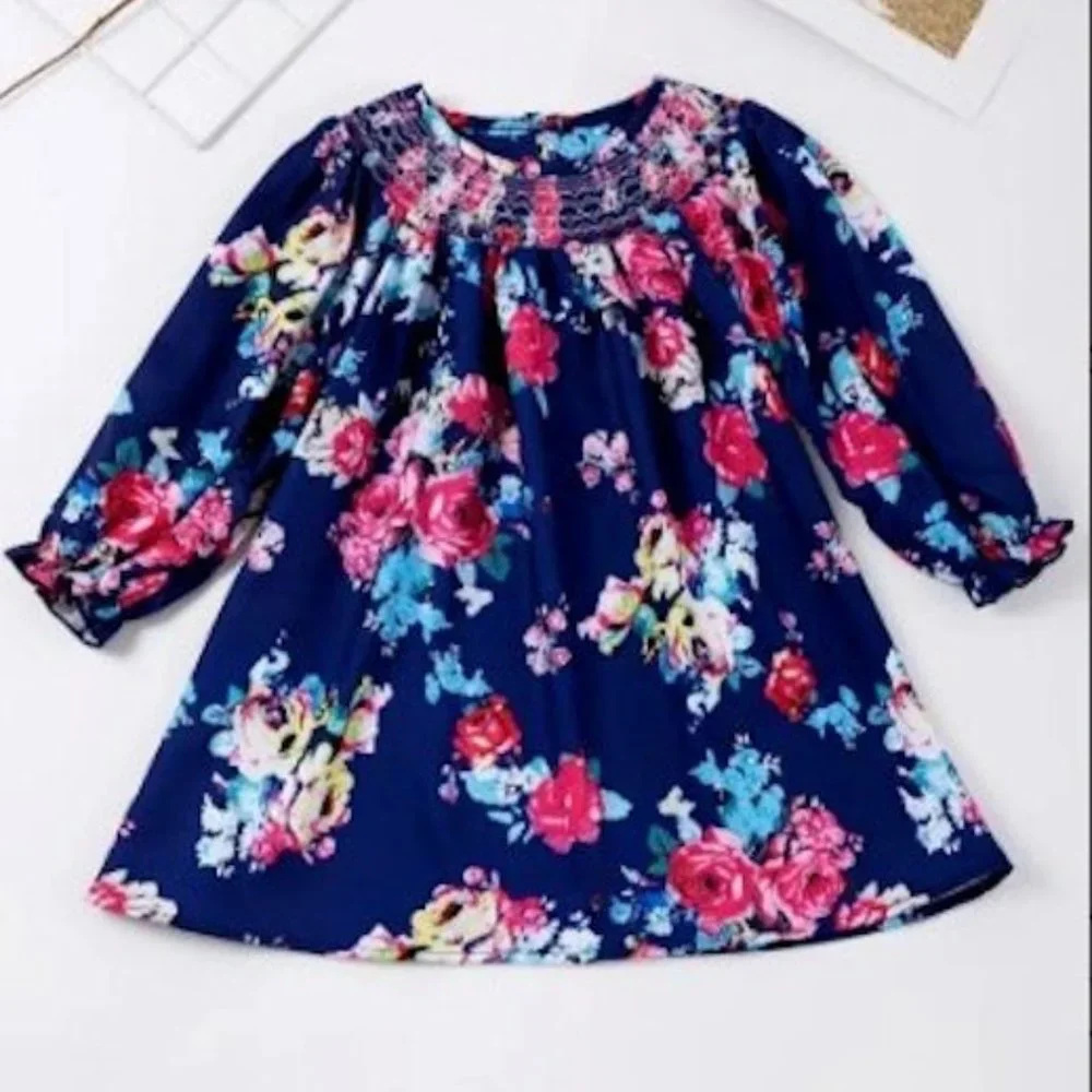 Boutique Floral Girls Smocked Long Sleeve Dress